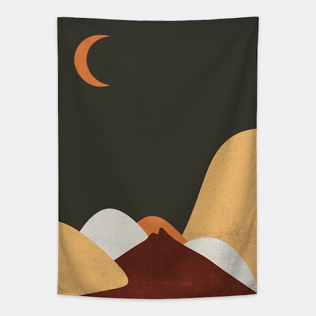 Sun & Moon Artwork With mountains. Boho art of moon at night and terracotta mountains. Tapestry by waltzart