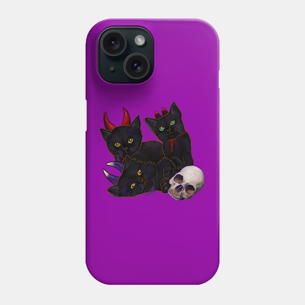 Halloween Kittens Dressed In Little Devil Costumes with Skull Phone Case by Ashley D Wilson
