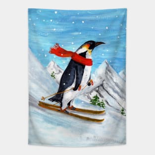 Downhill Skiing Penguin Tapestry
