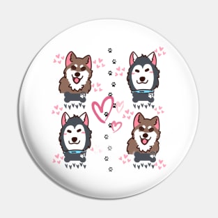 4 Husky Dogs with Hearts Pin