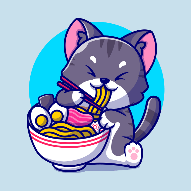 Cute Cat Eating Ramen Noodle With Chopstick Cartoon by Catalyst Labs