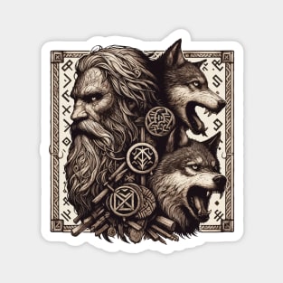 Odin with Two Wolfs Norse Mythology Valhalla Magnet