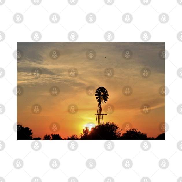 Kansas colorful Sunset with a Windmill silhouette and a bird in the sky. by ROBERTDBROZEK