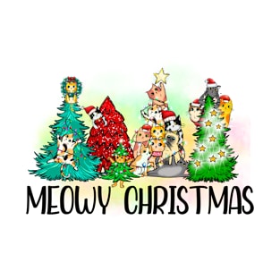 Meowy Christmas, Cute Kitties on Xmas Trees, Funny Christmas Cats T-Shirt