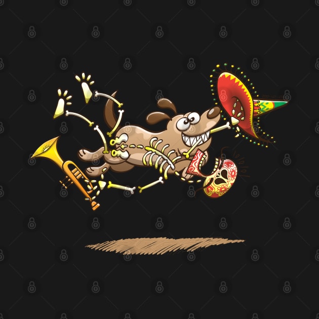 Mischievous dog stealing a tasty Mexican skeleton complete with big hat and trumpet by zooco