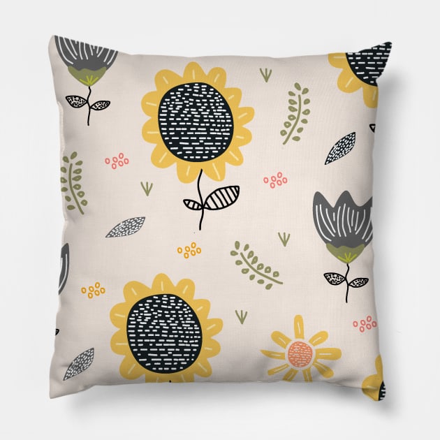 Sunflower Pattern Drawing Pillow by aquariart