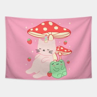 Kawaii Kittycorn Strawberry Frog Mushroom Cottagecore Tapestry