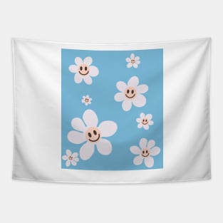 pattern flower emoji happy sky blue pink white Tapestry