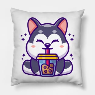 Cute husky drinking boba milk tea cartoon Pillow