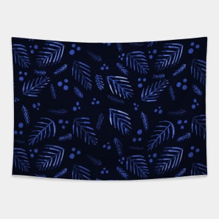 Christmas tree branches and berries - dark blue Tapestry