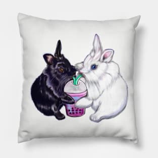 Boba bunnies - bunny rabbits sipping bubble tea - pair of cute furry ebony and snow colored coloured lionhead bunny rabbit Pillow