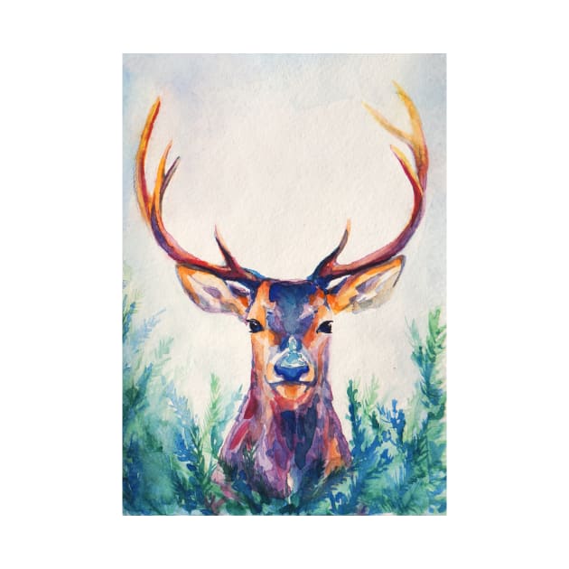 watercolor deer with big antlers by MariDein