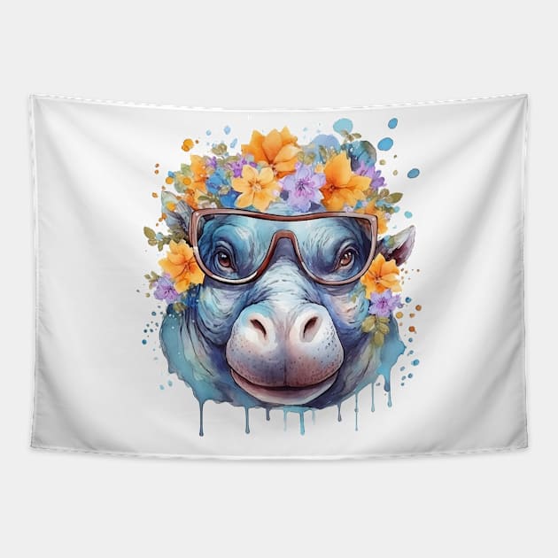 Watercolor Floral Hippo Tapestry by Chromatic Fusion Studio