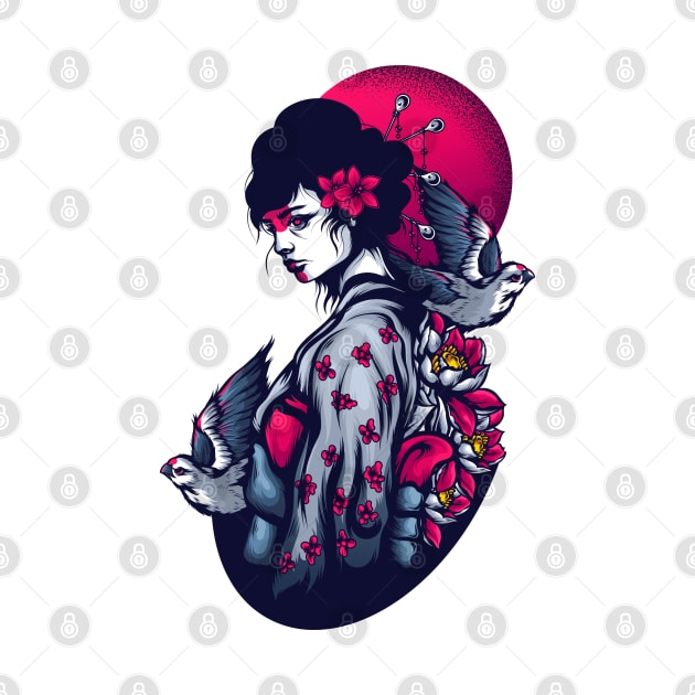 Pigeon Blood Moon T-Shirt Geisha Women by MaryMas