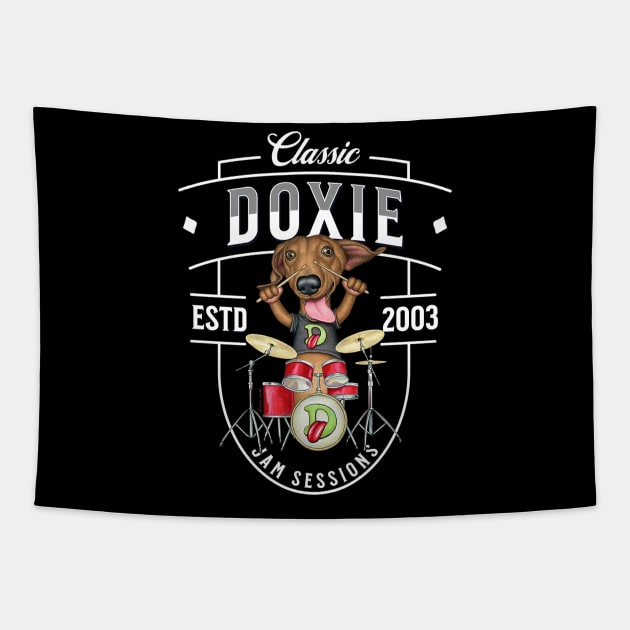 Fun doxie Dog playing drums for a rock and roll band on Doxie Jam Sessions tee Tapestry by Danny Gordon Art