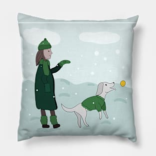 Dog walk in the snow Pillow