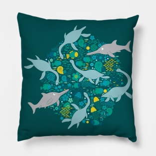 Swimming with Plesiosaurs - cute prehistoric animal design Pillow