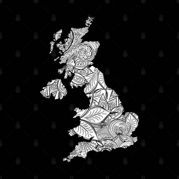 Mandala art map of United Kingdom with text in white by Happy Citizen