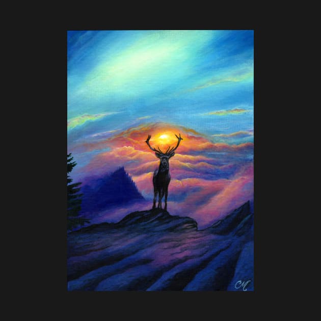 Deer at Dawn - Acrylic Painting of a Magical Sunrise by mendic