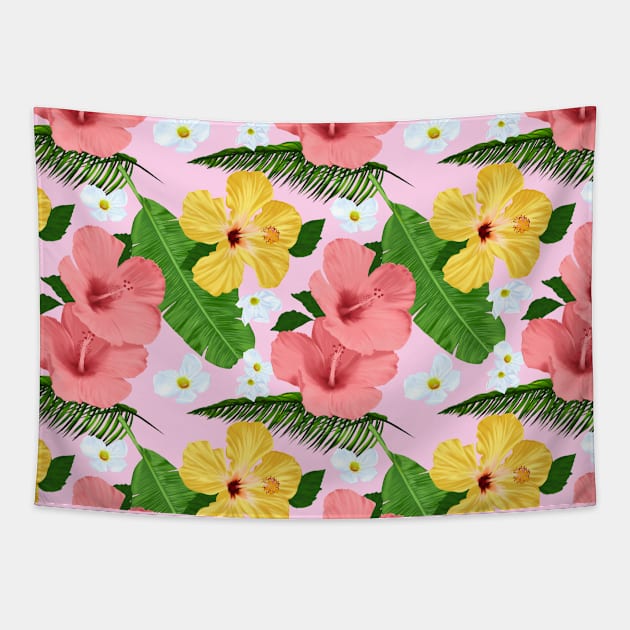 Tropical Hibiscus and Palm Fronds in Pink Tapestry by ChaneyAtelier