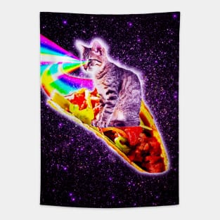 Rainbow Laser Eyes Galaxy Cat Riding Taco Tapestry