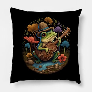 Cottagecore aesthetic cute frog playing ukelele on Mushroom Pillow