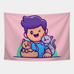 Cute Male With Cat Cartoon Tapestry