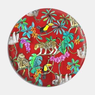 Rainforest Friends - watercolor animals on textured red Pin