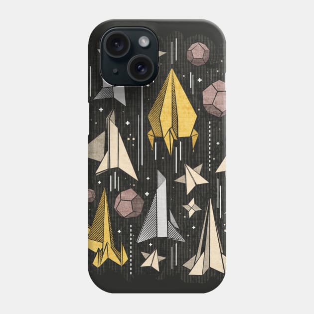 Reaching for the stars // illo // black background ivory grey brown and yellow origami paper asteroids stars and space ships traveling light speed Phone Case by SelmaCardoso