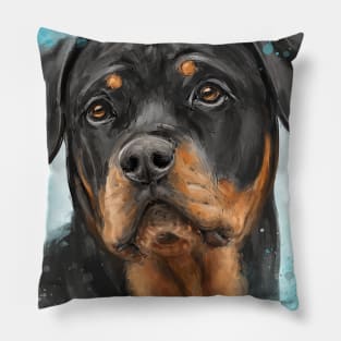 Painting of an Adorable Rottweiler with a Curious Look - Light Blue Spattered Background Pillow