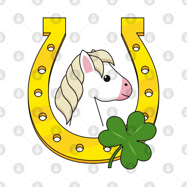 Cute White Horse with Golden Horse Shoe and Shamrock by BirdAtWork