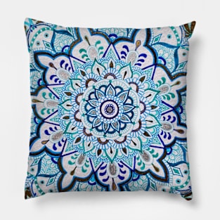 Gold Silver Blue Mandala Pillow