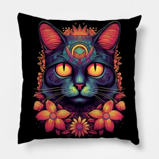 Colorful Abstract Cat and Flowers Design Pillow