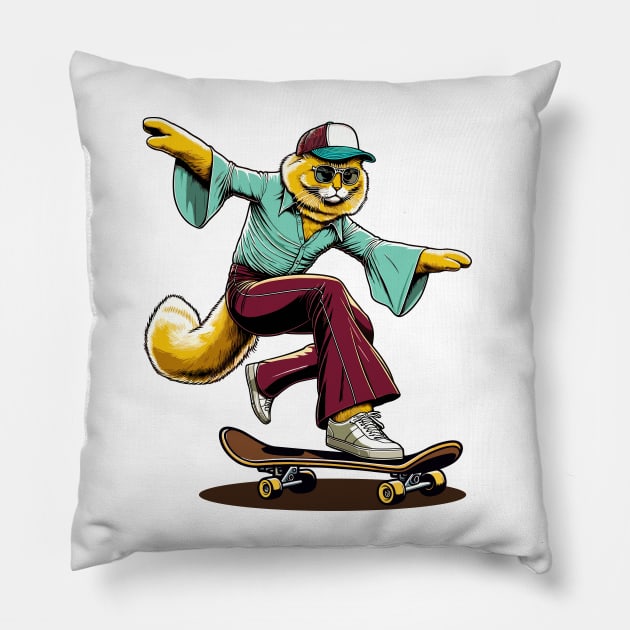 Retro Cat Skateboarder - Vintage Style Illustration Pillow by TimeWarpWildlife