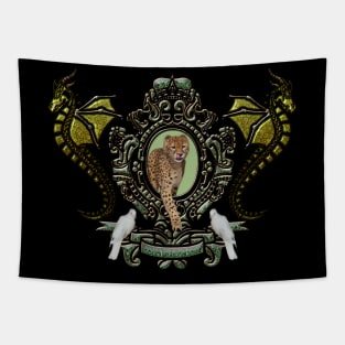 Wonderful leopard with dragon shield Tapestry