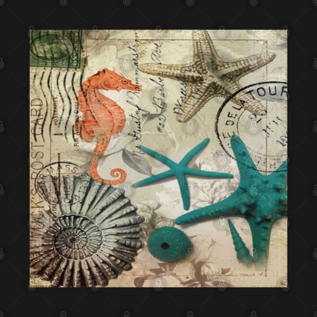 dark academia coastal seashell teal starfish seahorse ocean beach by Tina