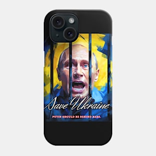 Putin is afraid and screaming in prison behind bars. Play in blue and yellow colors Phone Case