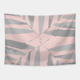 Geometric palm leaves grey silver on pink , leaves, tropical , fall,  TeePublic Tapestry