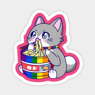 Gay Pride Flag Anime Kawaii Kitty Cat w/ Ramen Noodles LGBT Magnet