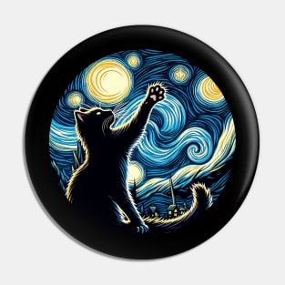 Cat in the night with star, impressionism, famous painting, Starry Night Style Van Gogh painting Cat Lover Pin