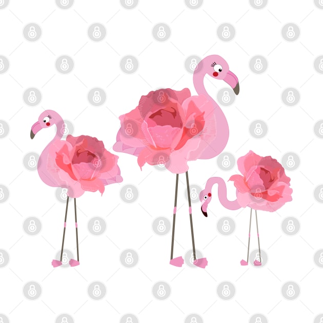 Flamingo with pink hand drawn roses by GULSENGUNEL