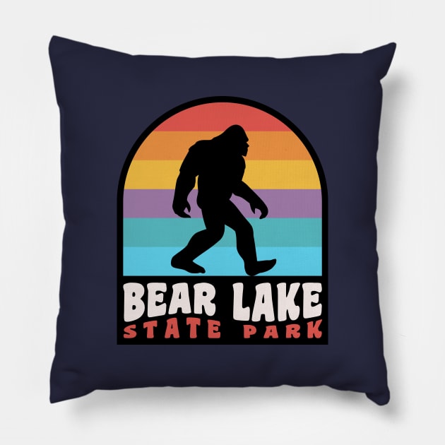 Bear Lake Utah Bigfoot Sasquatch Retro Sunset Pillow by PodDesignShop