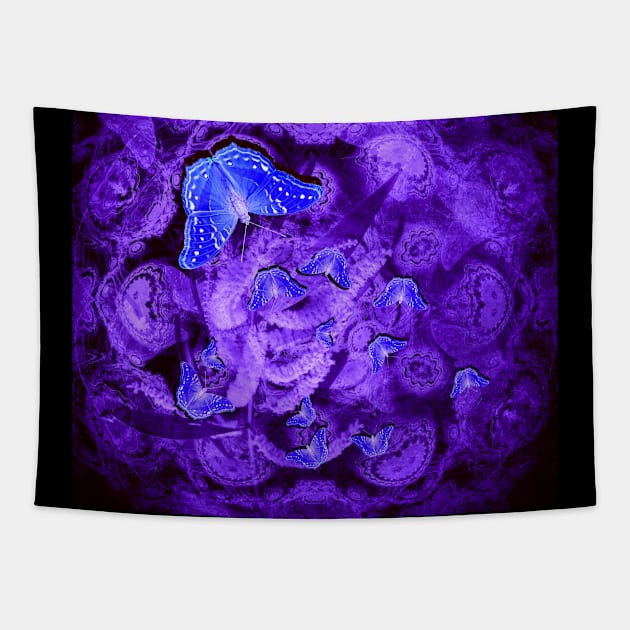 Mysterious blue butterflies Tapestry by hereswendy