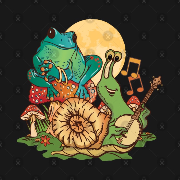 Banjo playing Snail with Frog sitting on Mushroom by Graphic Duster