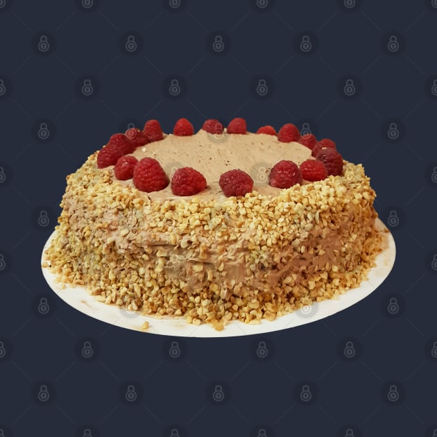 Sweet Food Frosted Cake with Chopped Nuts and Raspberries by ellenhenryart