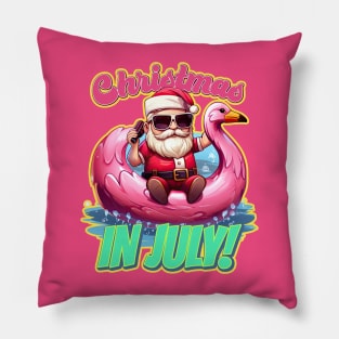 Christmas in July Santa on a Cellphone Pink Flamingo Pillow