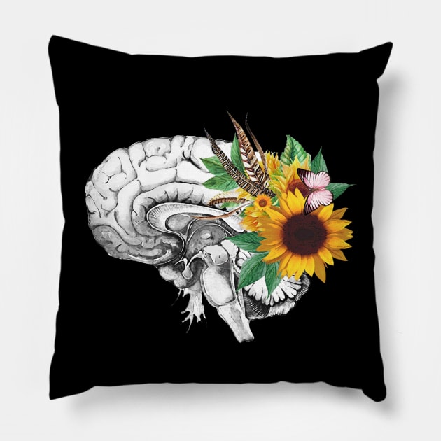 Brain human anatomy,floral sunflowers feathers, mental, watercolor Pillow by Collagedream