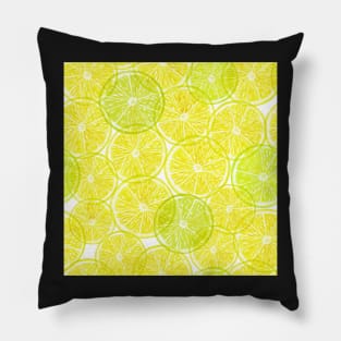 Lemon lime transparent slice print. Vibrant summer watercolor pencil illustration. Translucent yellow citrus fruits Pillow