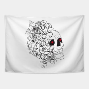 skeleton face drawn in black lines with various flowers and roses on one side Tapestry