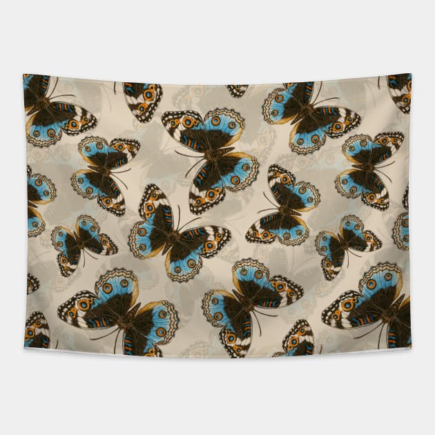 Blue Pansy Butterfly pattern on off white Tapestry by katerinamk